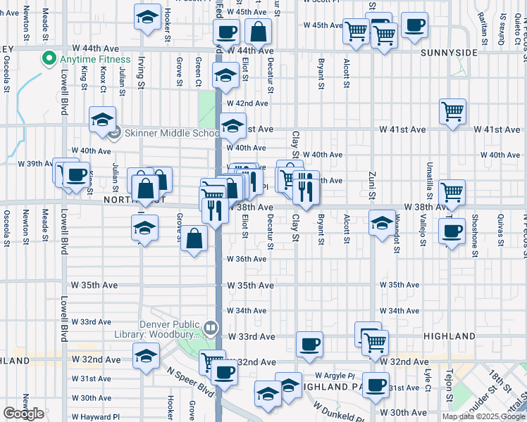 map of restaurants, bars, coffee shops, grocery stores, and more near 2775 West 38th Avenue in Denver