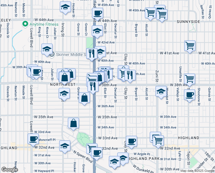 map of restaurants, bars, coffee shops, grocery stores, and more near 2925 West 38th Avenue in Denver