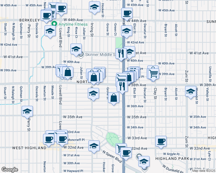 map of restaurants, bars, coffee shops, grocery stores, and more near 3069 West 38th Avenue in Denver