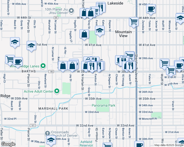 map of restaurants, bars, coffee shops, grocery stores, and more near 5883 West 38th Avenue in Wheat Ridge