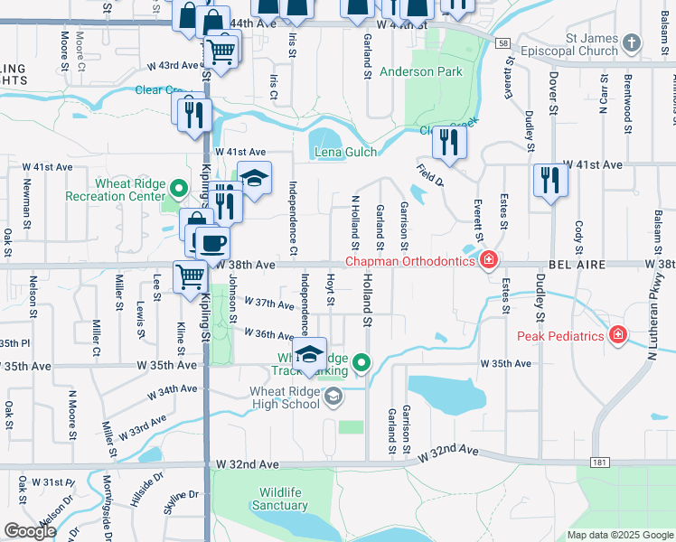 map of restaurants, bars, coffee shops, grocery stores, and more near 9485 West 38th Avenue in Wheat Ridge