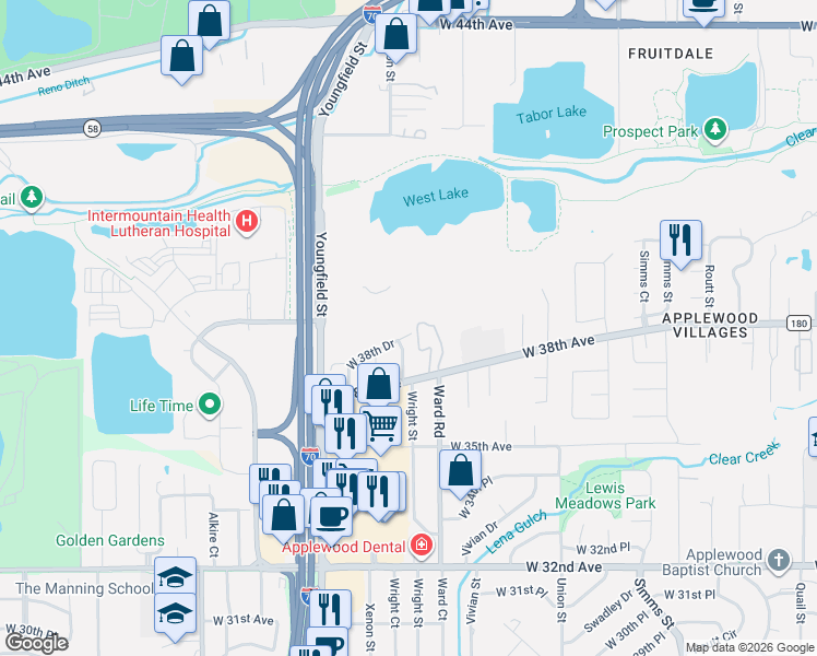 map of restaurants, bars, coffee shops, grocery stores, and more near 12467 West 38th Drive in Wheat Ridge
