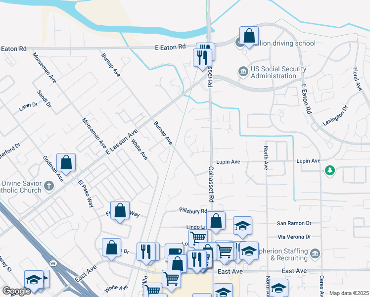 map of restaurants, bars, coffee shops, grocery stores, and more near 41 Cameo Drive in Chico