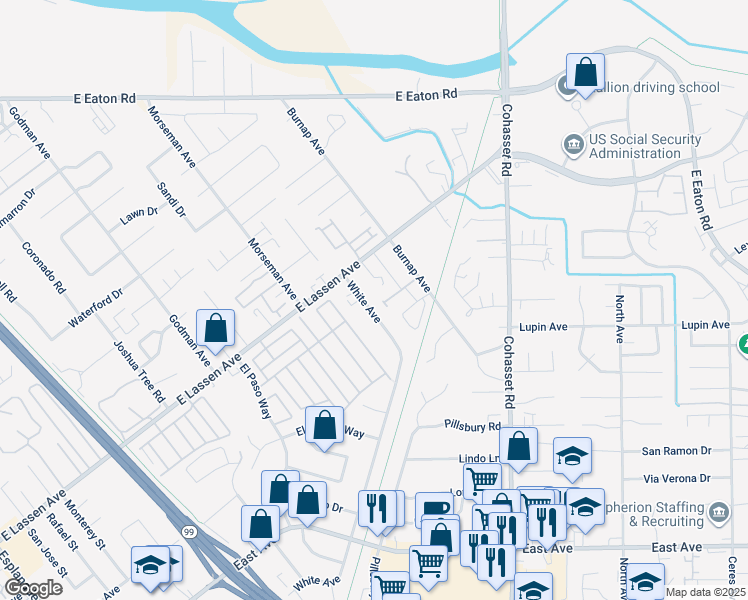 map of restaurants, bars, coffee shops, grocery stores, and more near 12 Scenic Lane in Chico