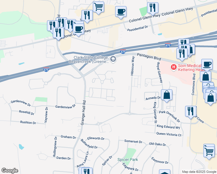 map of restaurants, bars, coffee shops, grocery stores, and more near 3773 Malibu Court in Dayton