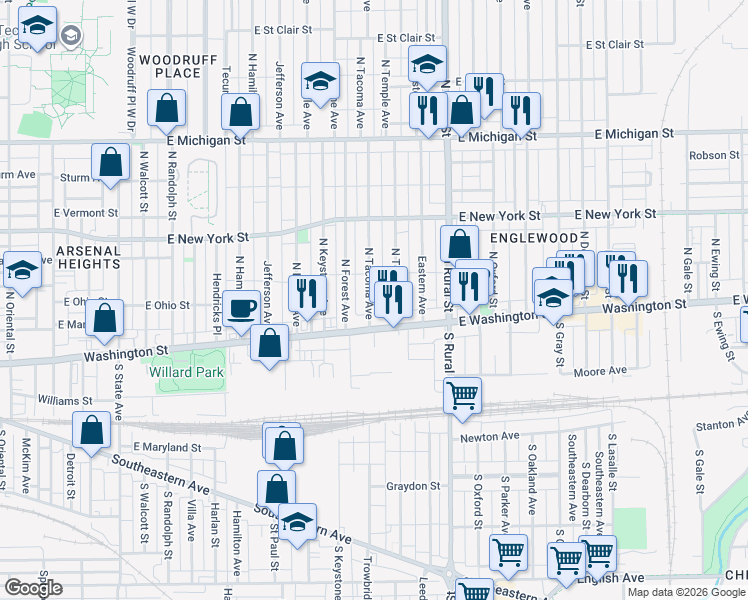 map of restaurants, bars, coffee shops, grocery stores, and more near 39 North Tacoma Avenue in Indianapolis