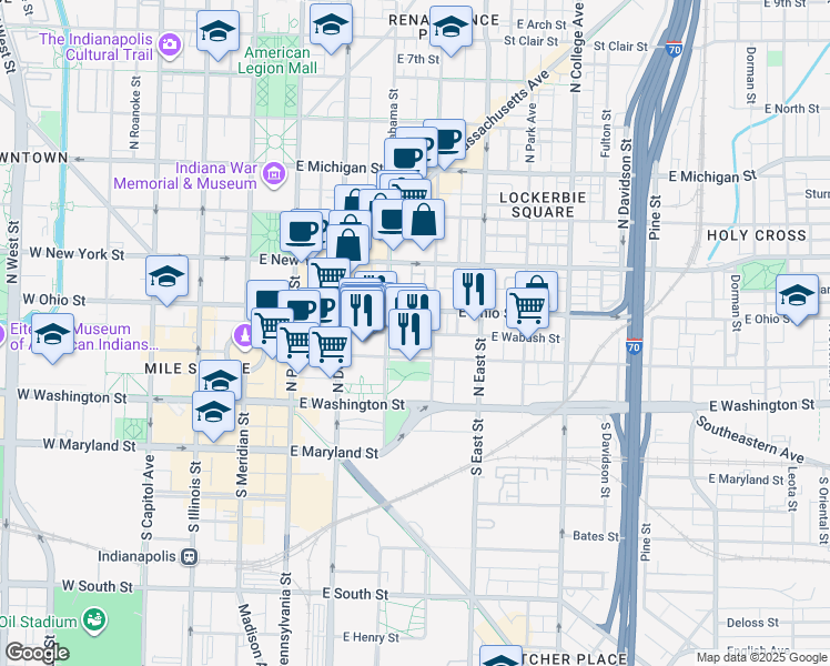 map of restaurants, bars, coffee shops, grocery stores, and more near 355 East Ohio Street in Indianapolis