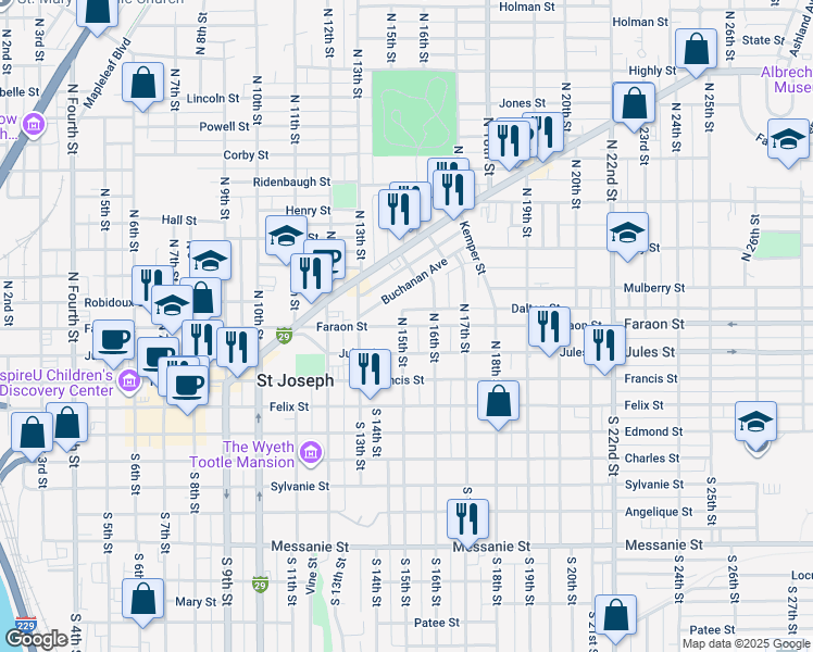 map of restaurants, bars, coffee shops, grocery stores, and more near 1509 Faraon Street in Saint Joseph