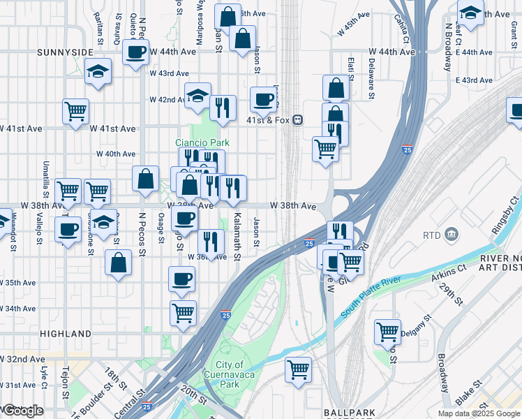 map of restaurants, bars, coffee shops, grocery stores, and more near 3819 Inca Street in Denver