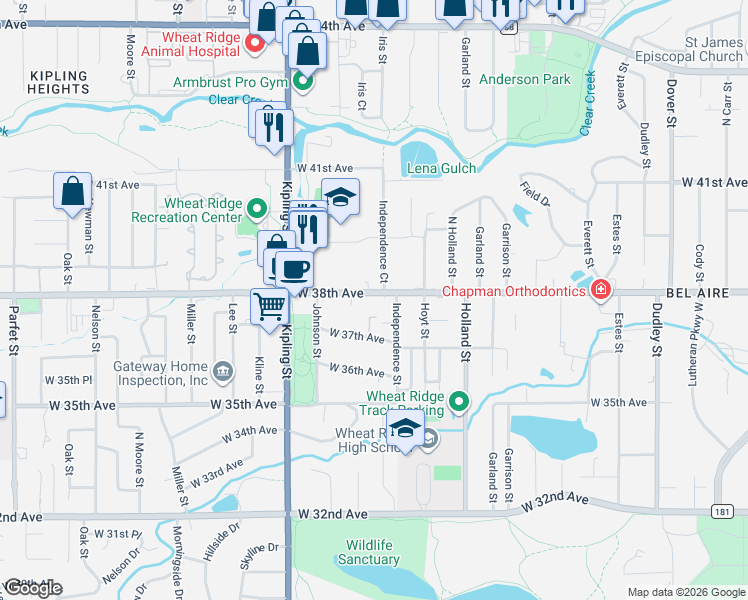 map of restaurants, bars, coffee shops, grocery stores, and more near 9700 West 38th Avenue in Wheat Ridge