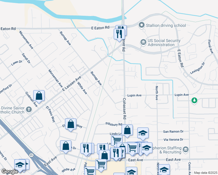 map of restaurants, bars, coffee shops, grocery stores, and more near 29 Cameo Drive in Chico