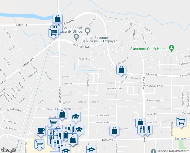 map of restaurants, bars, coffee shops, grocery stores, and more near 3040 Ashburton Lane in Chico
