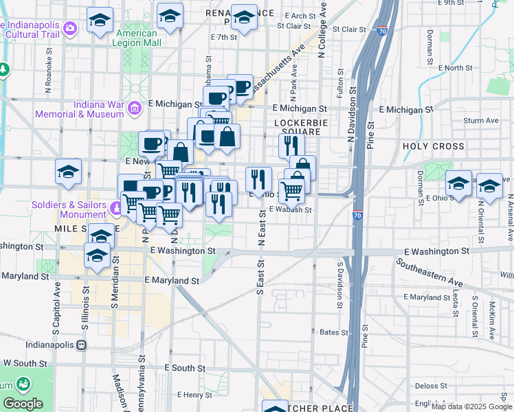 map of restaurants, bars, coffee shops, grocery stores, and more near 124 North East Street in Indianapolis