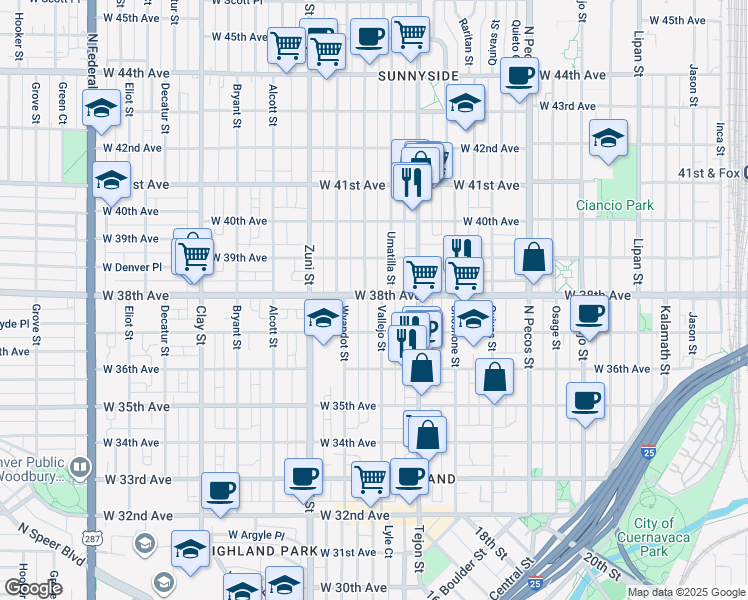 map of restaurants, bars, coffee shops, grocery stores, and more near 2195 West 38th Avenue in Denver