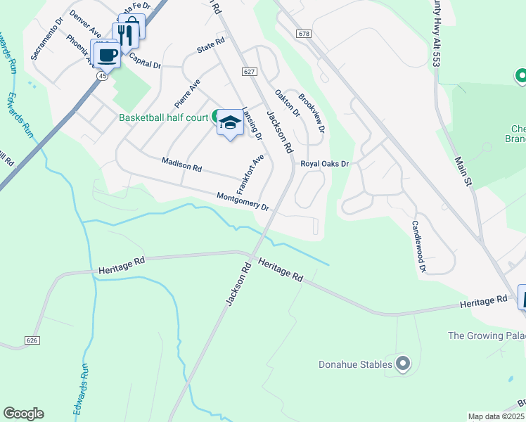 map of restaurants, bars, coffee shops, grocery stores, and more near 386 Montgomery Drive in Gloucester County