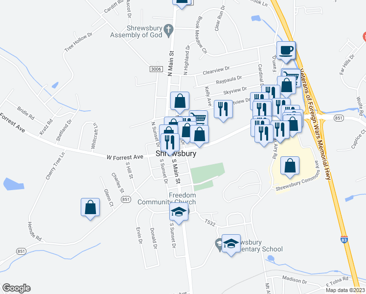 map of restaurants, bars, coffee shops, grocery stores, and more near 31 East Forrest Avenue in Shrewsbury