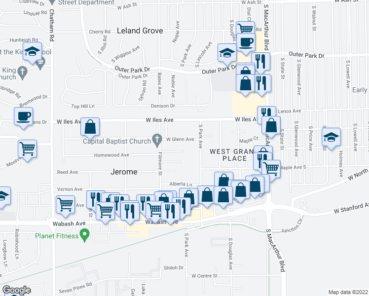 map of restaurants, bars, coffee shops, grocery stores, and more near 12 Homewood Court in Jerome