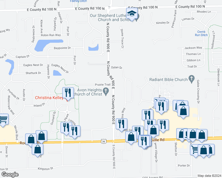 map of restaurants, bars, coffee shops, grocery stores, and more near 8995 Prairie Trail in Avon