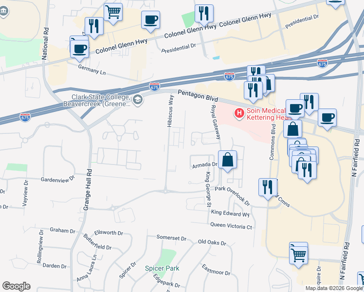 map of restaurants, bars, coffee shops, grocery stores, and more near 2672 Gardenia Avenue in Beavercreek