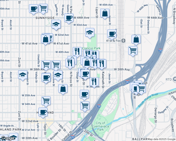 map of restaurants, bars, coffee shops, grocery stores, and more near 3805 Mariposa Street in Denver