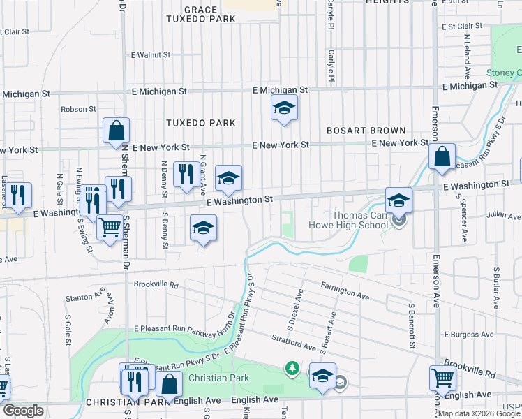 map of restaurants, bars, coffee shops, grocery stores, and more near 4317 East Washington Street in Indianapolis