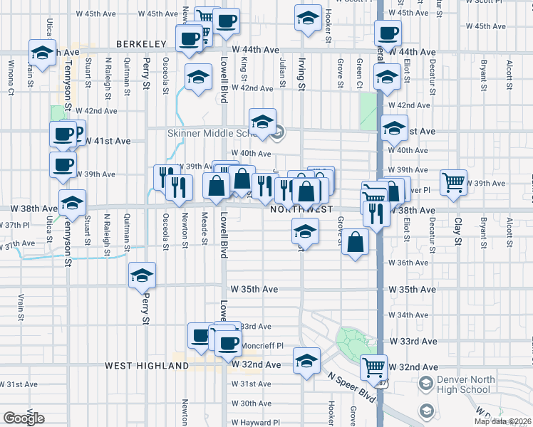 map of restaurants, bars, coffee shops, grocery stores, and more near 3372 West 38th Avenue in Denver