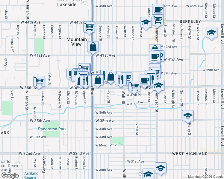map of restaurants, bars, coffee shops, grocery stores, and more near 5001 West 38th Avenue in Denver