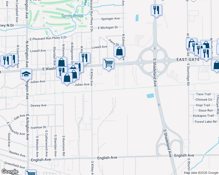 map of restaurants, bars, coffee shops, grocery stores, and more near 6705 East Julian Avenue in Indianapolis