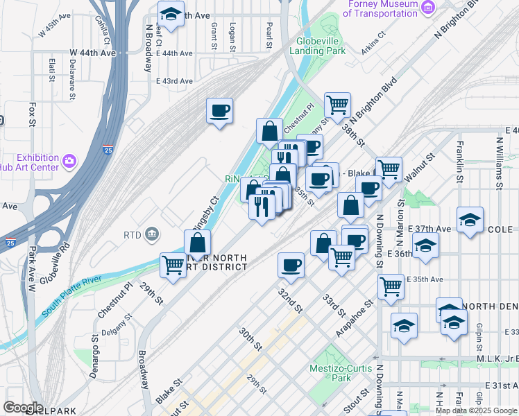 map of restaurants, bars, coffee shops, grocery stores, and more near 3345 Brighton Boulevard in Denver