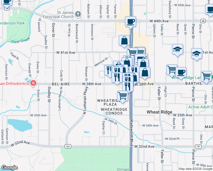 map of restaurants, bars, coffee shops, grocery stores, and more near 3801 Allison Street in Wheat Ridge