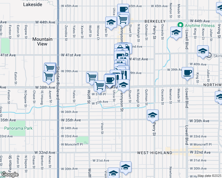 map of restaurants, bars, coffee shops, grocery stores, and more near 4449 West 38th Avenue in Denver