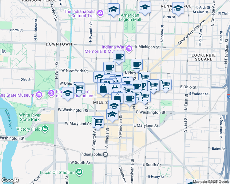 map of restaurants, bars, coffee shops, grocery stores, and more near in Indianapolis