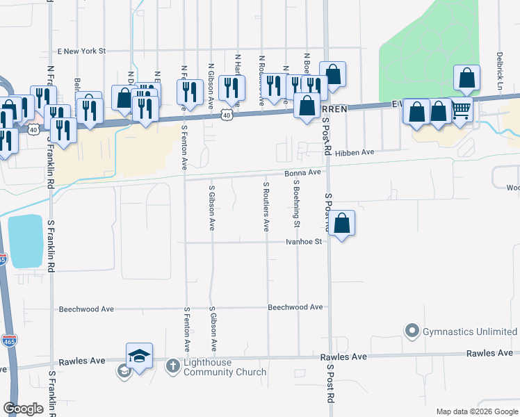 map of restaurants, bars, coffee shops, grocery stores, and more near 210 South Routiers Avenue in Indianapolis