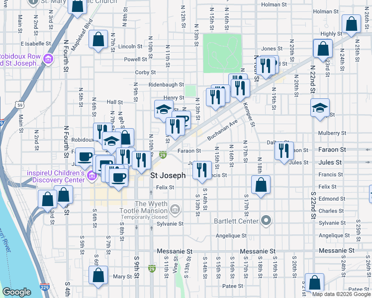 map of restaurants, bars, coffee shops, grocery stores, and more near 415 North 12th Street in Saint Joseph