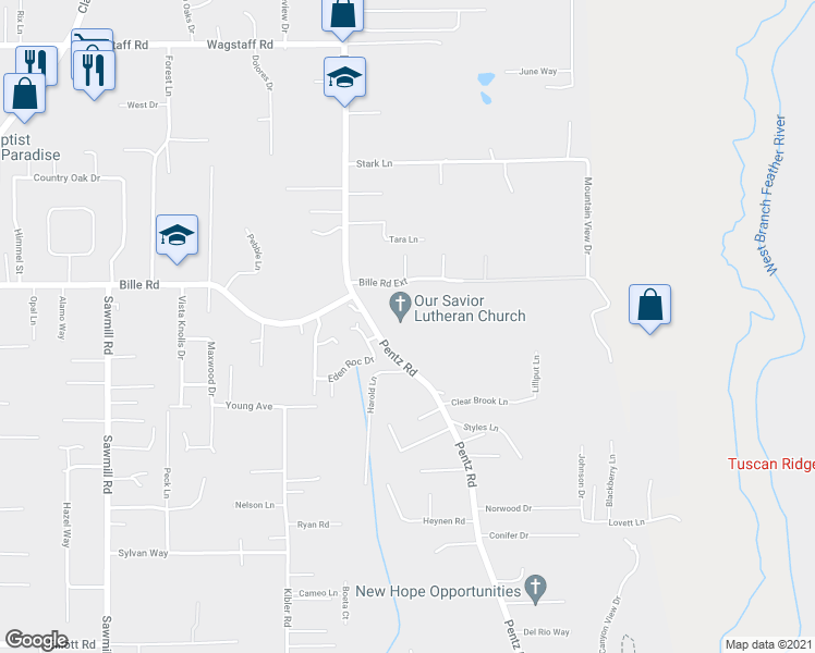 map of restaurants, bars, coffee shops, grocery stores, and more near 6404 Pentz Rd in Paradise