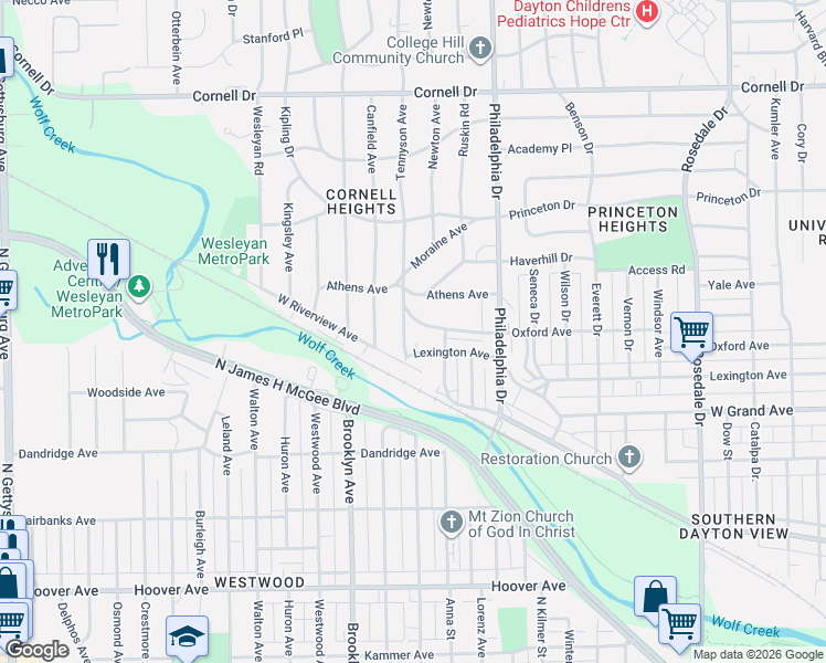 map of restaurants, bars, coffee shops, grocery stores, and more near 2815 Oxford Avenue in Dayton