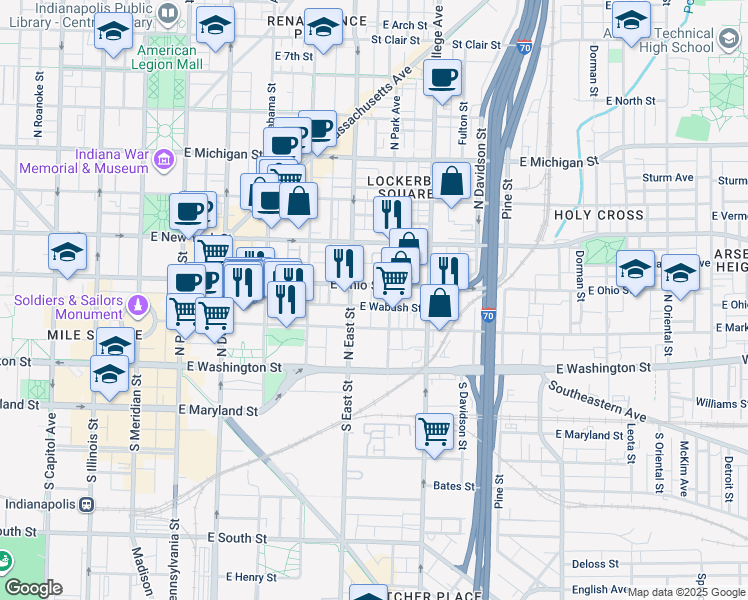 map of restaurants, bars, coffee shops, grocery stores, and more near 525 East Ohio Street in Indianapolis