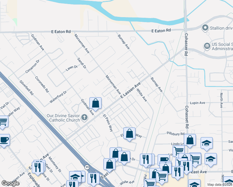 map of restaurants, bars, coffee shops, grocery stores, and more near 2805 Morseman Avenue in Chico