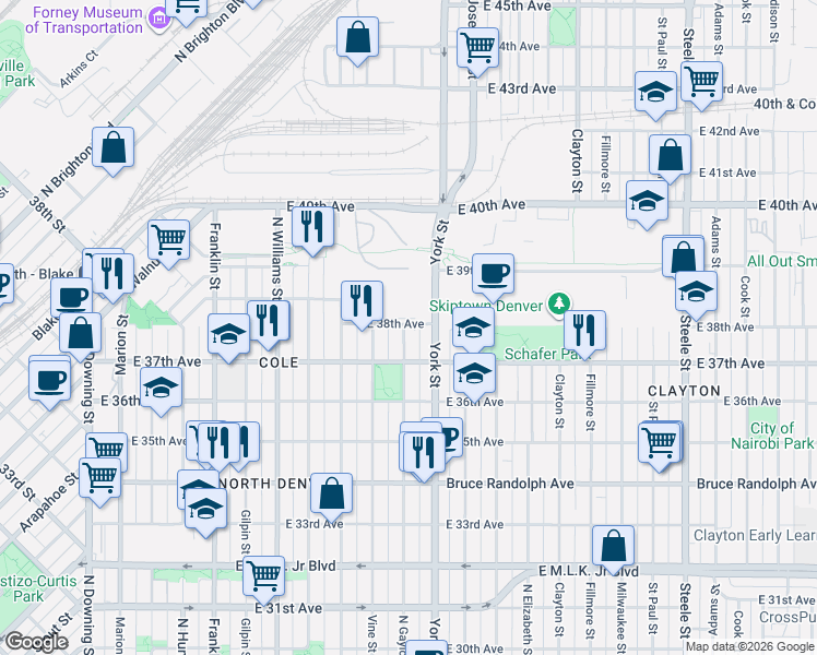 map of restaurants, bars, coffee shops, grocery stores, and more near 3749 North Gaylord Street in Denver
