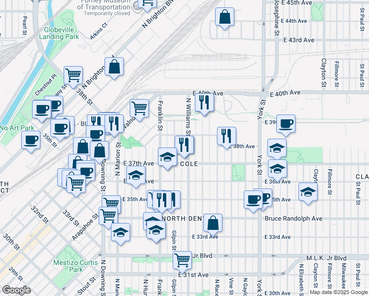 map of restaurants, bars, coffee shops, grocery stores, and more near 3774 Gilpin Street in Denver