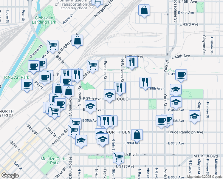 map of restaurants, bars, coffee shops, grocery stores, and more near 3774 Gilpin Street in Denver