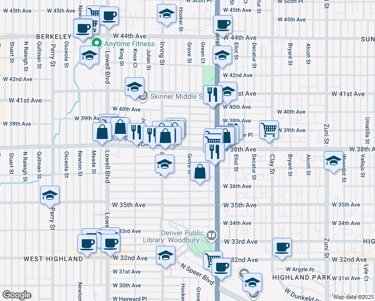 map of restaurants, bars, coffee shops, grocery stores, and more near 3131 West 38th Avenue in Denver