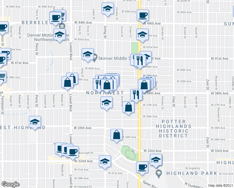 map of restaurants, bars, coffee shops, grocery stores, and more near 3131 West 38th Avenue in Denver