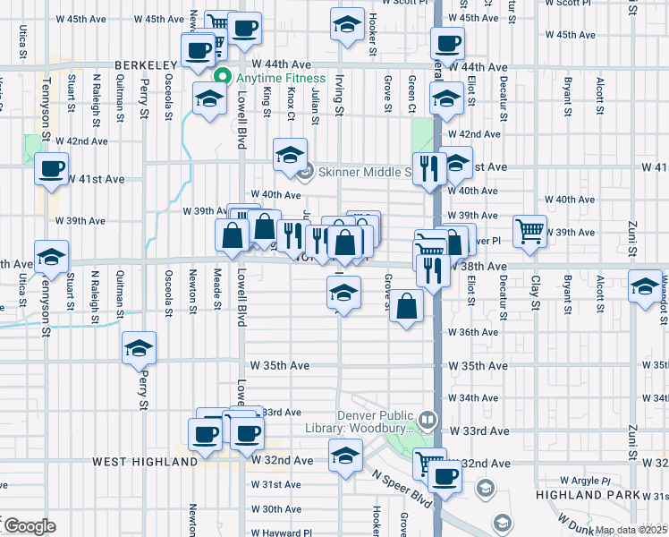 map of restaurants, bars, coffee shops, grocery stores, and more near in Denver