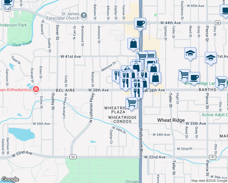 map of restaurants, bars, coffee shops, grocery stores, and more near 3801 Allison Street in Wheat Ridge