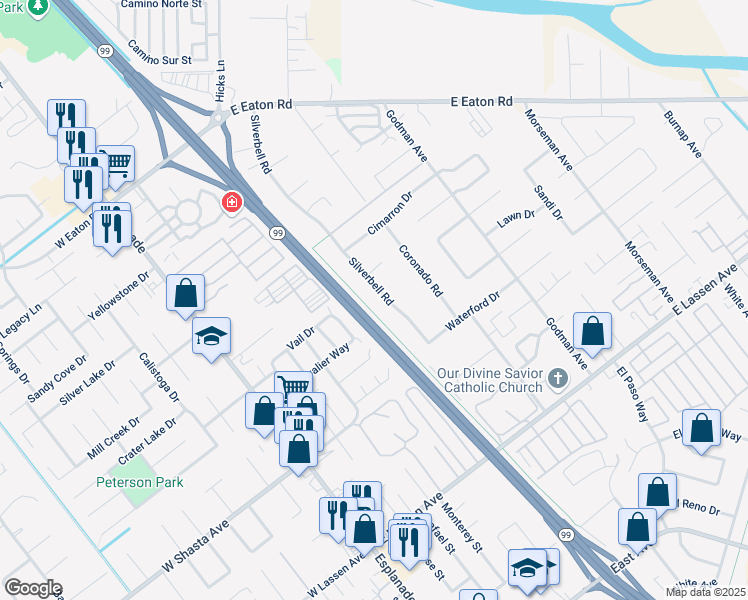 map of restaurants, bars, coffee shops, grocery stores, and more near 3129 Silverbell Road in Chico