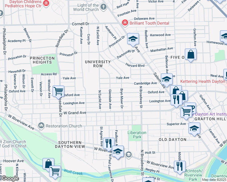map of restaurants, bars, coffee shops, grocery stores, and more near 223 Oxford Avenue in Dayton
