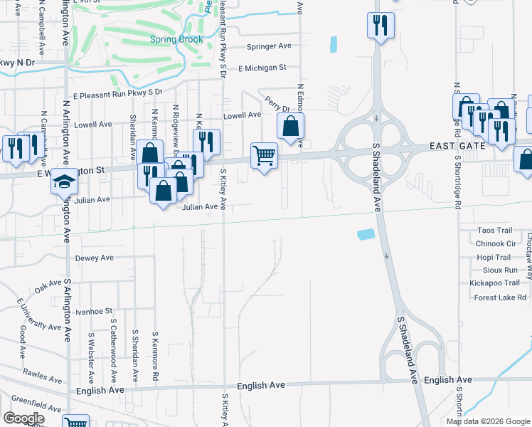 map of restaurants, bars, coffee shops, grocery stores, and more near 6705 Julian Avenue in Indianapolis