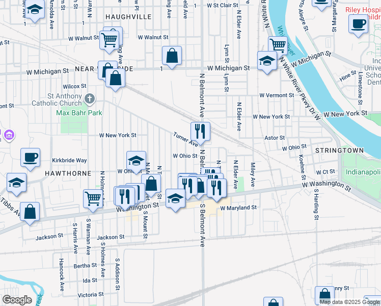 map of restaurants, bars, coffee shops, grocery stores, and more near 232 North Belmont Avenue in Indianapolis