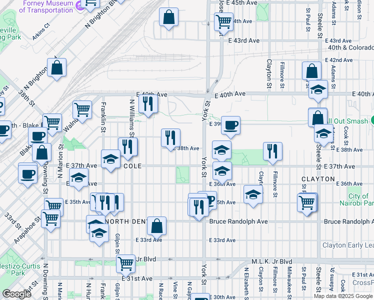 map of restaurants, bars, coffee shops, grocery stores, and more near 3749 North Gaylord Street in Denver